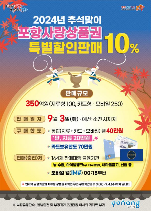 240827 포항사랑상품권 추석맞이 10_ 특별할인판매…3일부터 350억 발행.jpg