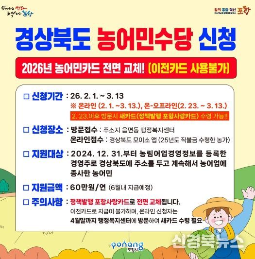 2026년 경상북도 농어민수당 신청 포스터.